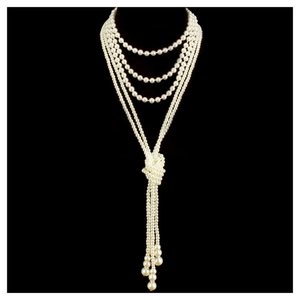 Elegant multi-layer pearl necklace with vintage 1920s style fringe tassels on a black bust