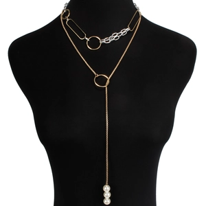 Minimalist gold and silver layered necklace with geometric links and three faux pearls