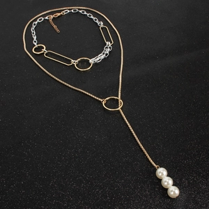 Minimalist gold and silver layered necklace set with round links and pearl pendants