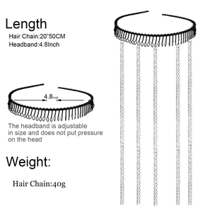 Serre-tête ajustable à franges argentées avec chaînes métalliques de 50 cm de long