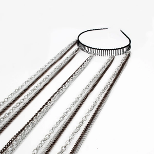 Punk style toothed headband with long multi-chain tassels in silver and bronze metallic finish