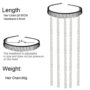 Adjustable black metal wavy headband with 20-inch silver chain tassels for women