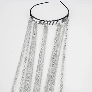 Gothic style black comb headband with layered silver chain tassels and fringe details