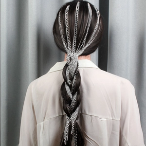 Silver-plated multi-layer tassel hair chain with metallic strands woven into a braid
