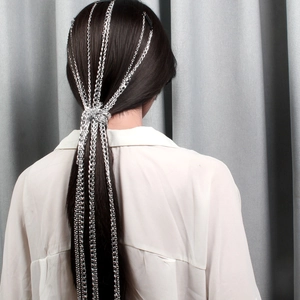Close-up of multi-layer silver fringe hair chain with cascading metal tassels design