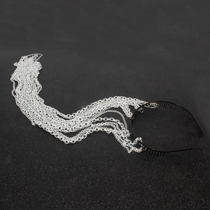 Fashionable black comb headband with long hanging silver metal tassel chains for women