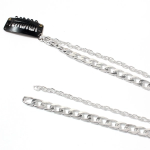 Silver fringe wig extension chain with black BB clip and layered metallic tassels