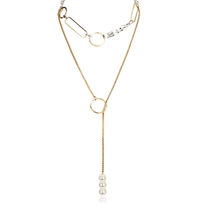 Fashion Alloy Gold Silver Spliced Y-Shape Pendant Necklace For Women With Vertical Faux Artificial Pearls Adjustable Link Chain Jewelry
