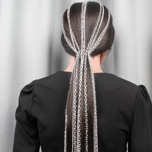 Silver multi-strand tassel hair chain headpiece with metal mesh drapes for women