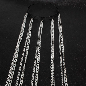 Dark punk style headband with silver tassel chains on a black shimmer background