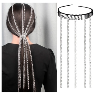 Serre-Tête Chaîne à Cheveux Argentée Multicouche Style Punk Avec Dents Bijoux de Cheveux à Longue Chaîne pour Fête Femme