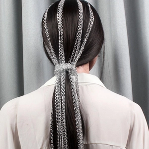 Silver fringe hair chain headpiece with cascading multi-layer metal tassels for women