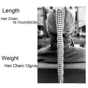 Chaîne de cheveux argentée de 50cm avec strass blancs et clip de fixation sûr