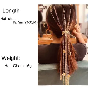 Gold multi-layer tassel hair extension chain with round sequins, length 50cm, 16g weight