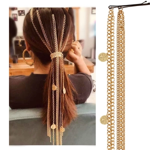 Bohemian Gold Aluminum Tassel Hair Chain With Retro Coin Pendant Multi Layer Long Metal Fringe Hair Clip For Women Jewelry