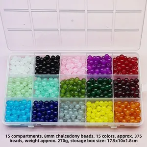 Macro view of 15-grid storage box with 8mm colorful glass beads for DIY jewelry making