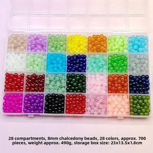 DIY jewelry kit with 28 colors of 8mm glass jade beads in a clear plastic storage box