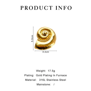 Macro shot of 316L stainless steel shell brooch with size and material specifications