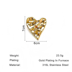 Minimalist gold 316L stainless steel heart brooch with irregular lava texture finish