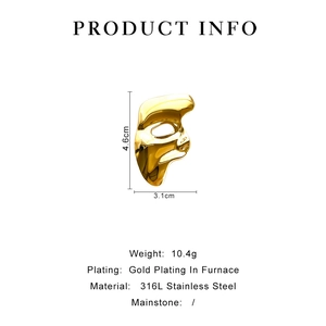 Detailed size specifications for a vintage-style stainless steel mask brooch in gold