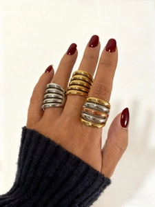 Detail of minimalist multi-layer hollow rings in gold, silver and rose gold finishes