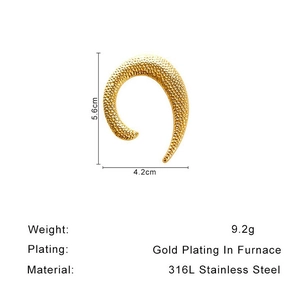 U-shaped stainless steel brooch in gold finish with hammered texture and dimensions