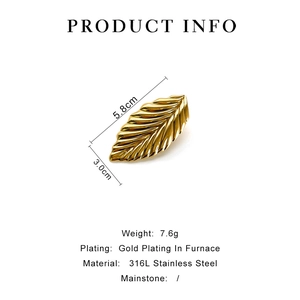 Detail of 316L stainless steel gold leaf brooch showing 5.8cm x 3.0cm size and 7.6g weight