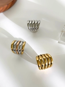 Three-tone minimalist stainless steel layered rings in gold, silver, and rose gold finish