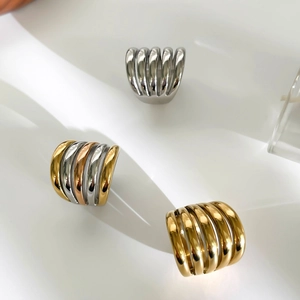 Minimalist multi-layer hollow stainless steel rings in silver, gold, and tricolor finishes