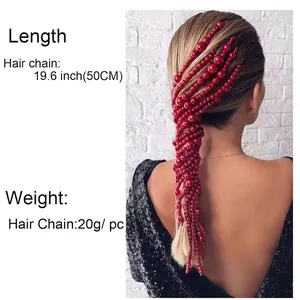 Élégante chaîne de cheveux perles rouges de 50cm avec clip pour coiffures de mariage