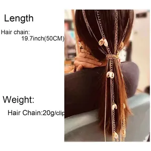 Bohemian gold tassel hair chain with white shells and elegant metal strands for ponytails