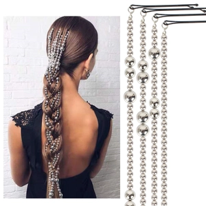 Silver Plated Round Bead Tassel Hair Chain For Women Long Artificial Pearl Hair Clip Braiding Decoration Fashion Jewelry Accessory