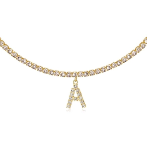 Sparkling gold tennis chain with iced-out alphabet A pendant and clear crystals