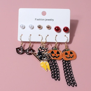Detailed set of six Halloween earrings including pumpkin, bat and black cat designs