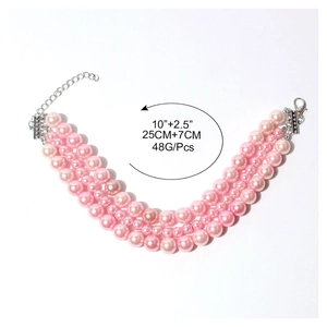 Three-layer pink pearl pet necklace with adjustable silver chain for dogs and cats