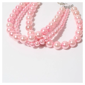 Three-layer pink pearl pet necklace with adjustable silver clasp for dogs and cats