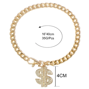 Golden Cuban link pet necklace with iced-out dollar sign pendant for dogs, 40cm length
