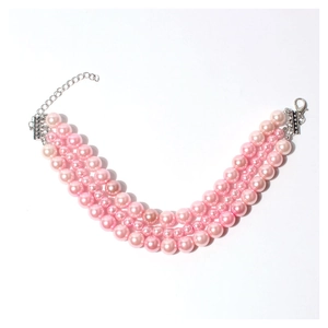 Three-layer pink pearl dog collar necklace with adjustable silver lobster clasp