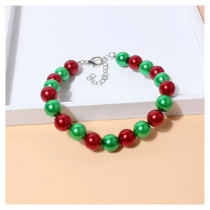 Christmas beaded pet necklace with red and green metallic beads and adjustable silver chain