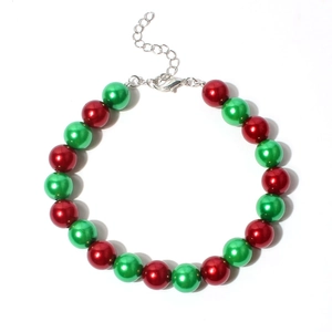 Christmas pet beaded necklace with festive red and green metallic beads and lobster clasp