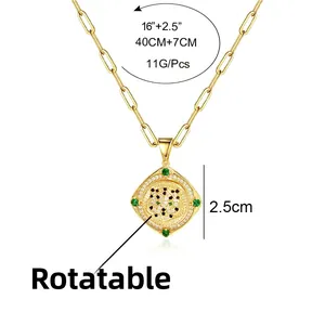 Collier rotatif plaqué or avec pendentif tête de léopard et cristaux verts pour femmes