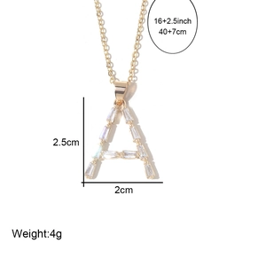 Gold plated letter A necklace with cubic zirconia pendant and measurement detail