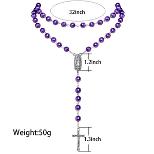 Detailed specs of the purple pearl rosary necklace with cross pendant and size markings