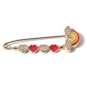 Fashion alloy safety pin brooch with sparkling diamonds and colorful rainbow design