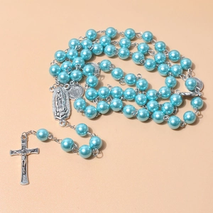 Vintage religious pearl necklace with blue beads and silver crucifix pendant