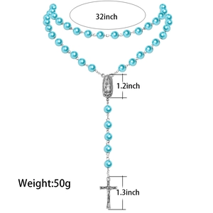 Religious turquoise blue pearl necklace with virgin mary medal and silver crucifix pendant