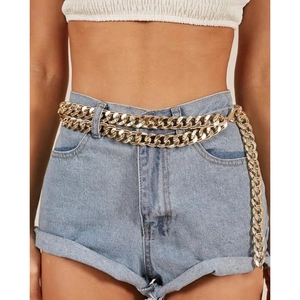 Vintage Gold Multi Layer Metal Chain Belt For Women Hip Hop Streetwear Alloy Cuban Link Waist Chain Jeans Accessory