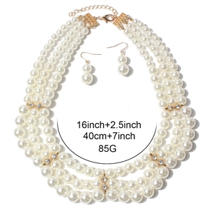 Three-layer faux pearl necklace and double pearl earrings set with gold-tone hardware