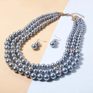 Detail view of a multi-layer grey pearl necklace set with elegant crystal accents