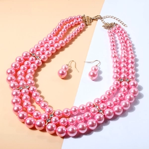 Detail of pink multi-layer pearl necklace and matching gourd earrings with gold accents